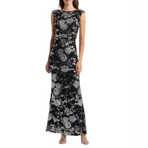 Eliza J Black and Silver Sequin Floral Sheeth Gown Dress Size 6 Mesh Formal